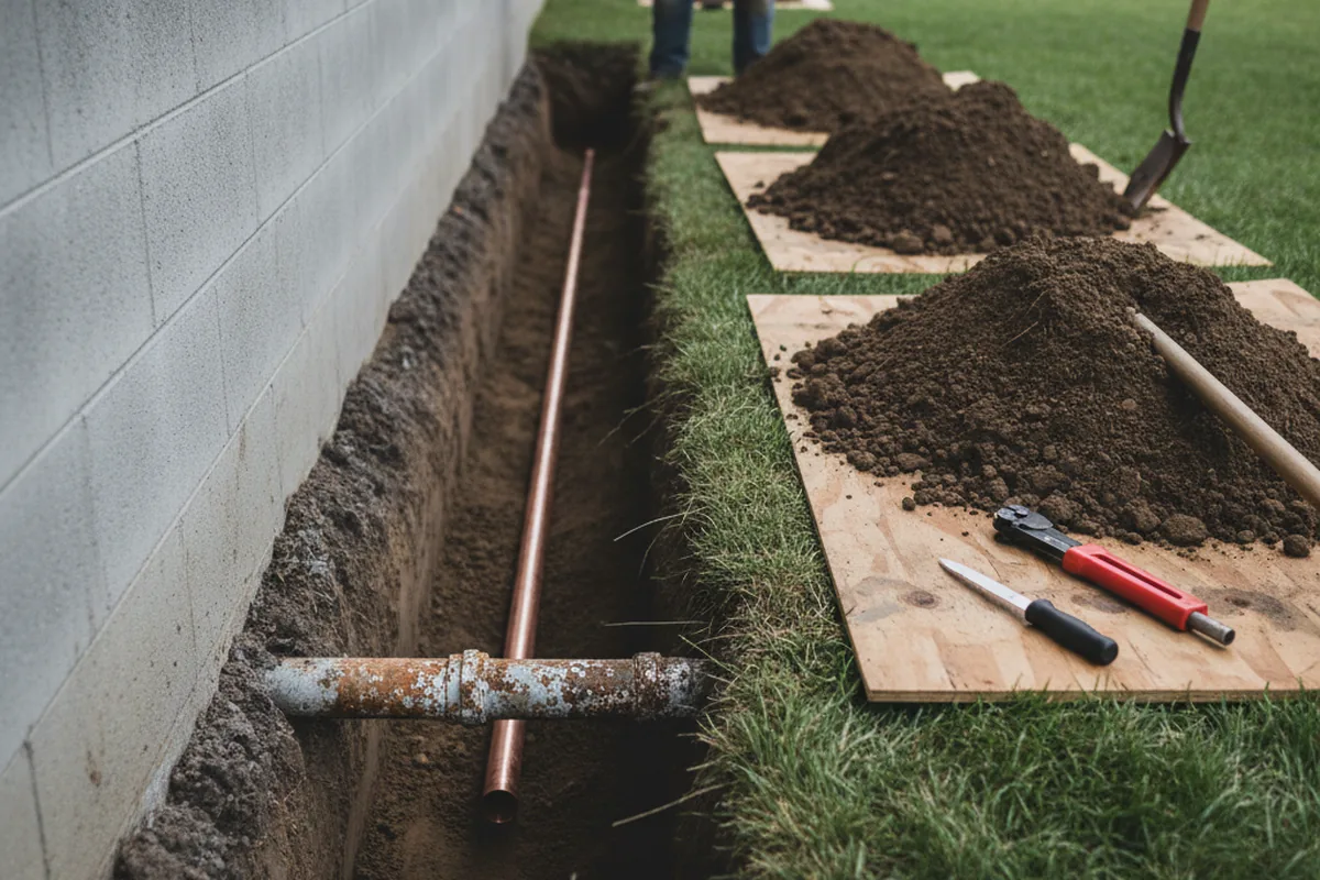 Excavated water line trench during Water Heater Repair in Fairhope